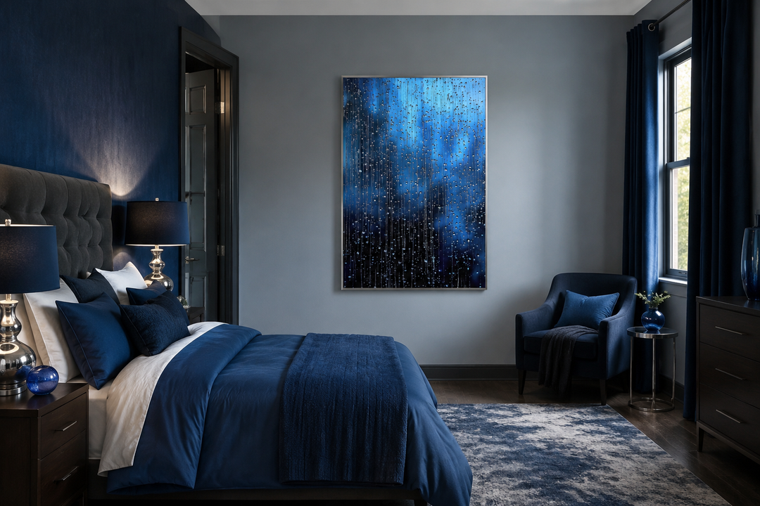 Vertical framed canvas wall art featuring navy blue rain drops in a modern bedroom setting.