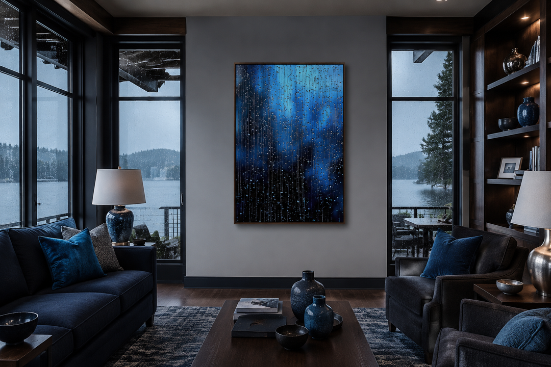 Navy Blue Rain Drops Framed Canvas Wall Art hanging in a modern living room with a lake view.