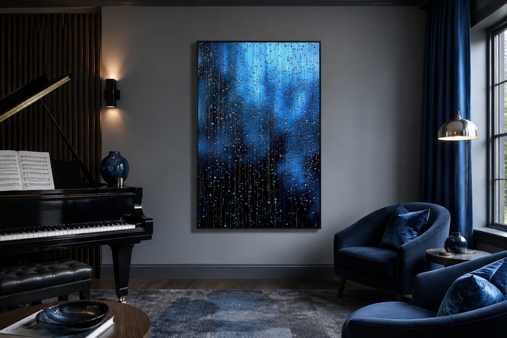 Vertical framed canvas wall art featuring navy blue rain drops in a modern living room setting.