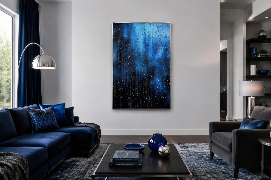 Vertical framed canvas wall art featuring cascading navy blue rain drops in a modern living room.