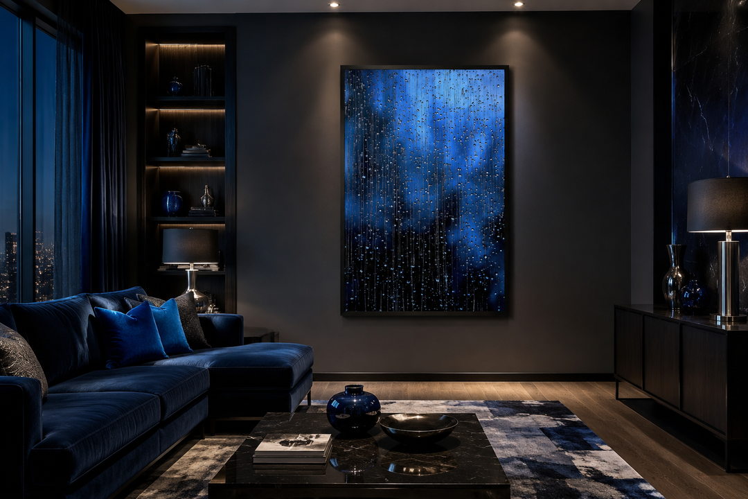 Navy Blue Rain Drops Framed Canvas Wall Art hanging in a modern, dark-toned living room.