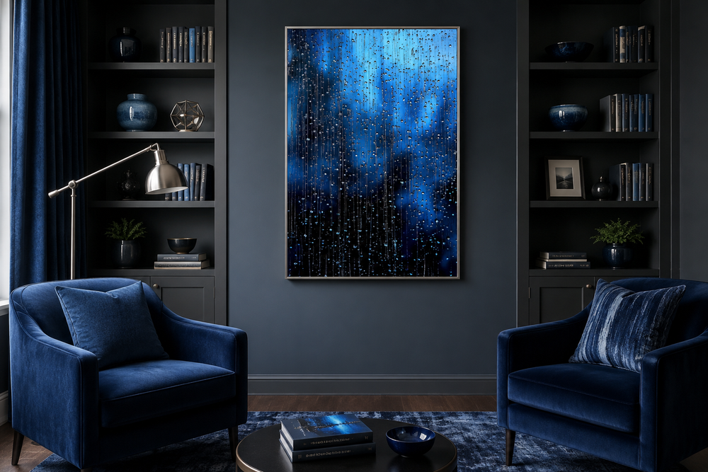 Navy blue framed canvas wall art featuring cascading raindrops in a modern living room setting.