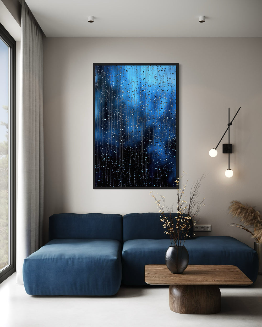Navy Blue Rain Drops Framed Canvas Wall Art