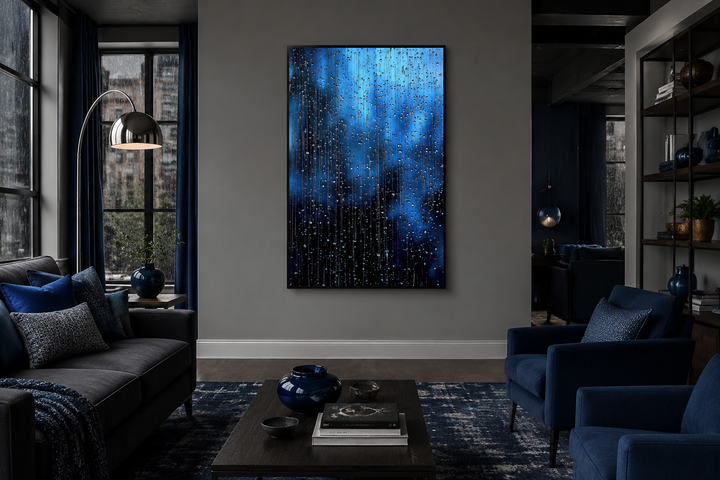 Navy blue rain drops framed canvas wall art hanging in a modern living room.