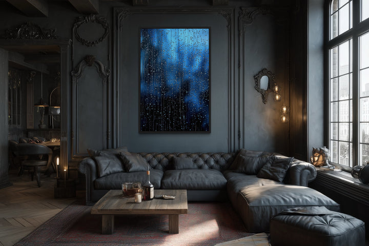 Navy Blue Rain Drops Framed Canvas Wall Art