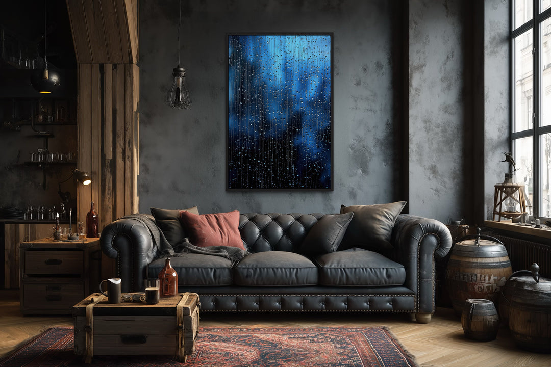Navy Blue Rain Drops Framed Canvas Wall Art