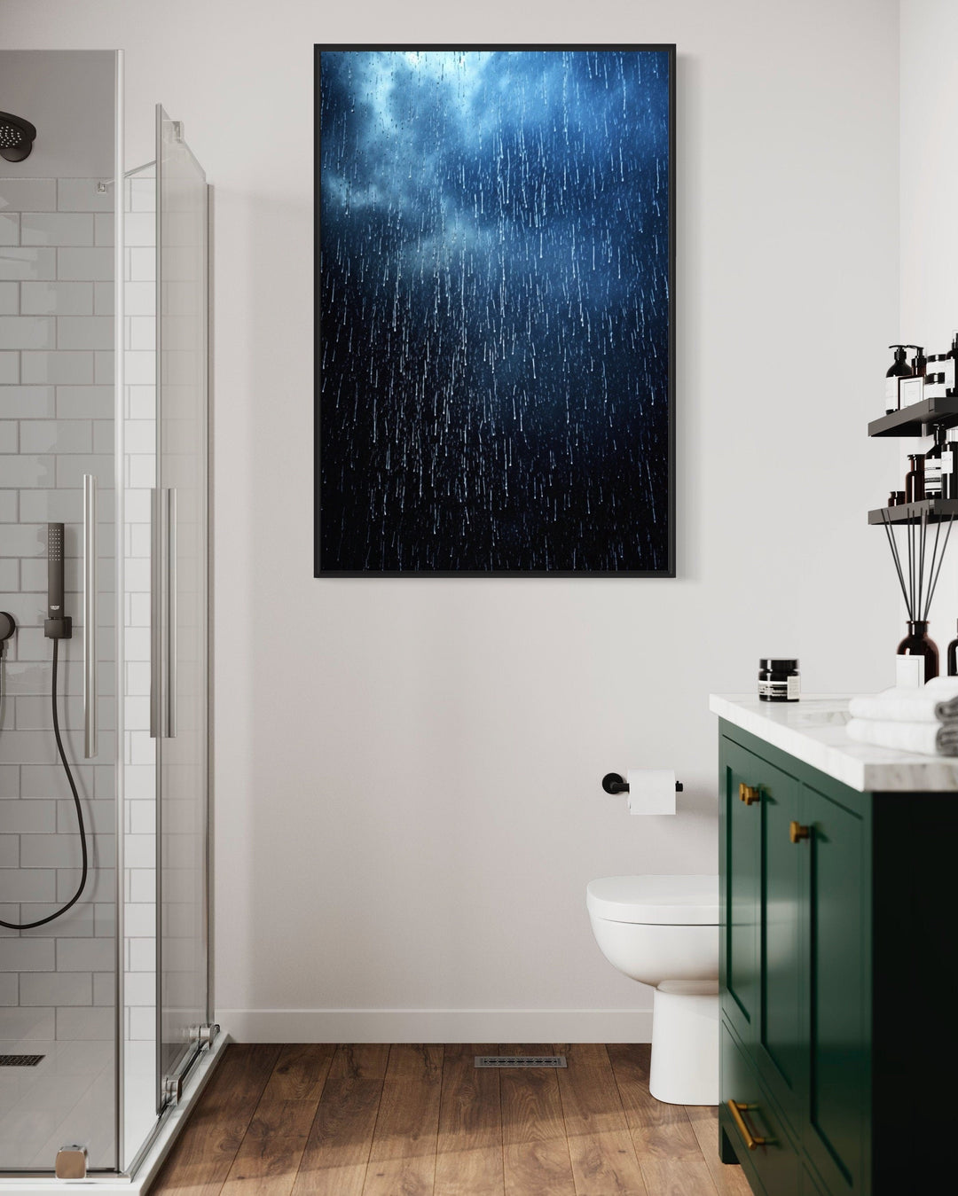 Navy Blue Rain Drops Framed Canvas Wall Art