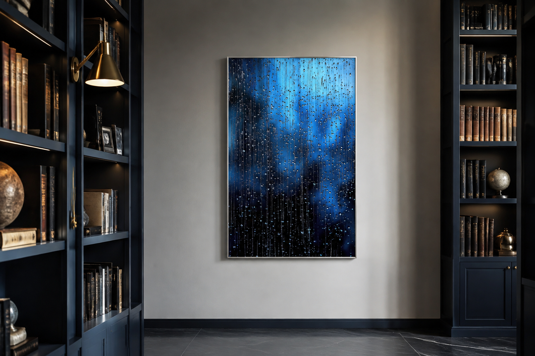 Vertical framed canvas wall art featuring cascading navy blue rain drops between dark bookshelves.