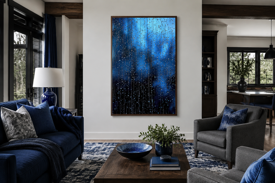 Vertical navy blue framed canvas wall art featuring cascading rain drops in a modern living room.