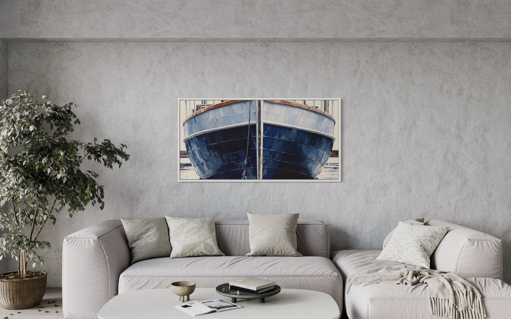 Navy Blue Rustic Boat Painting Nautical Framed Canvas Wall Art For Beach House