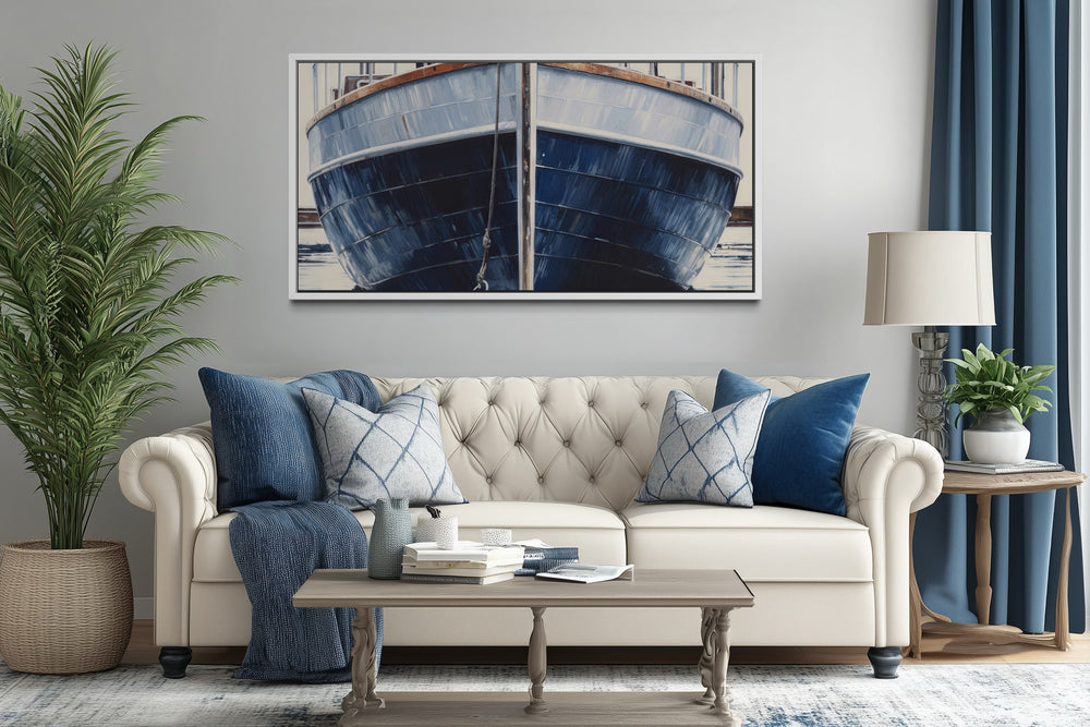 Navy Blue Rustic Boat Painting Nautical Framed Canvas Wall Art For Beach House