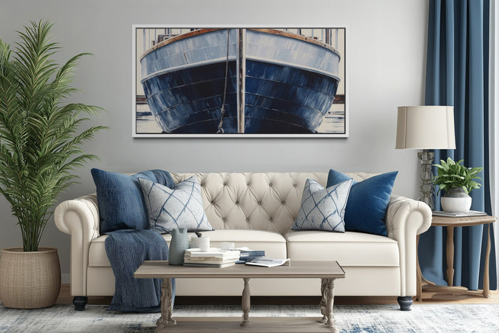 Navy Blue Rustic Boat Painting Nautical Framed Canvas Wall Art For Beach House