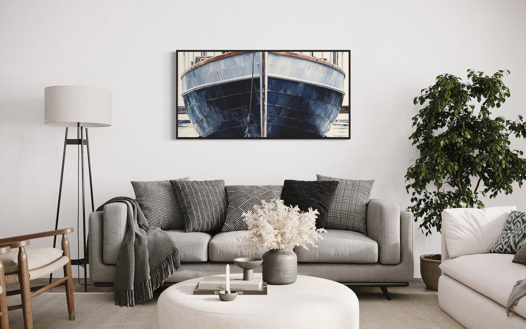 Navy Blue Rustic Boat Painting Nautical Framed Canvas Wall Art For Beach House