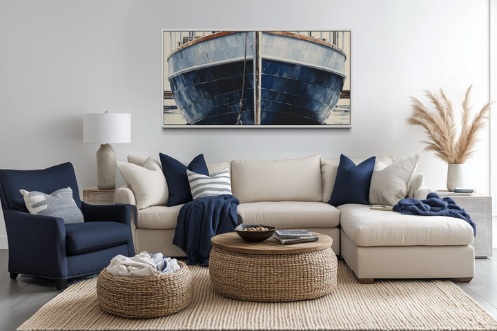 Navy Blue Rustic Boat Painting Nautical Framed Canvas Wall Art For Beach House