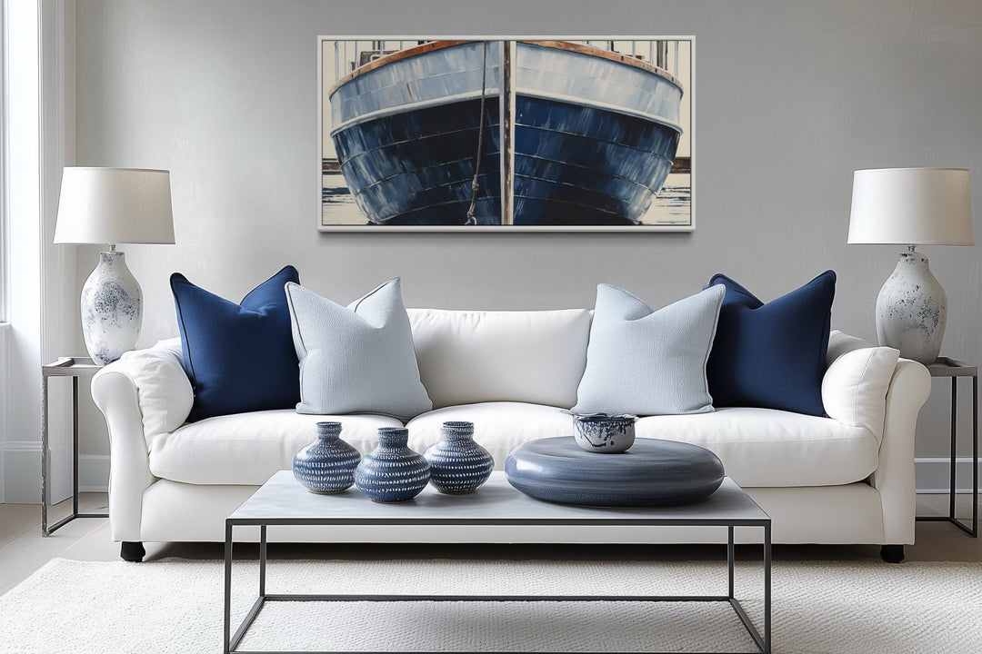 Navy Blue Rustic Boat Painting Nautical Framed Canvas Wall Art For Beach House