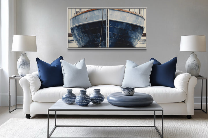 Navy Blue Rustic Boat Painting Nautical Framed Canvas Wall Art For Beach House