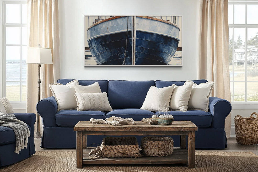 Navy Blue Rustic Boat Painting Nautical Framed Canvas Wall Art For Beach House