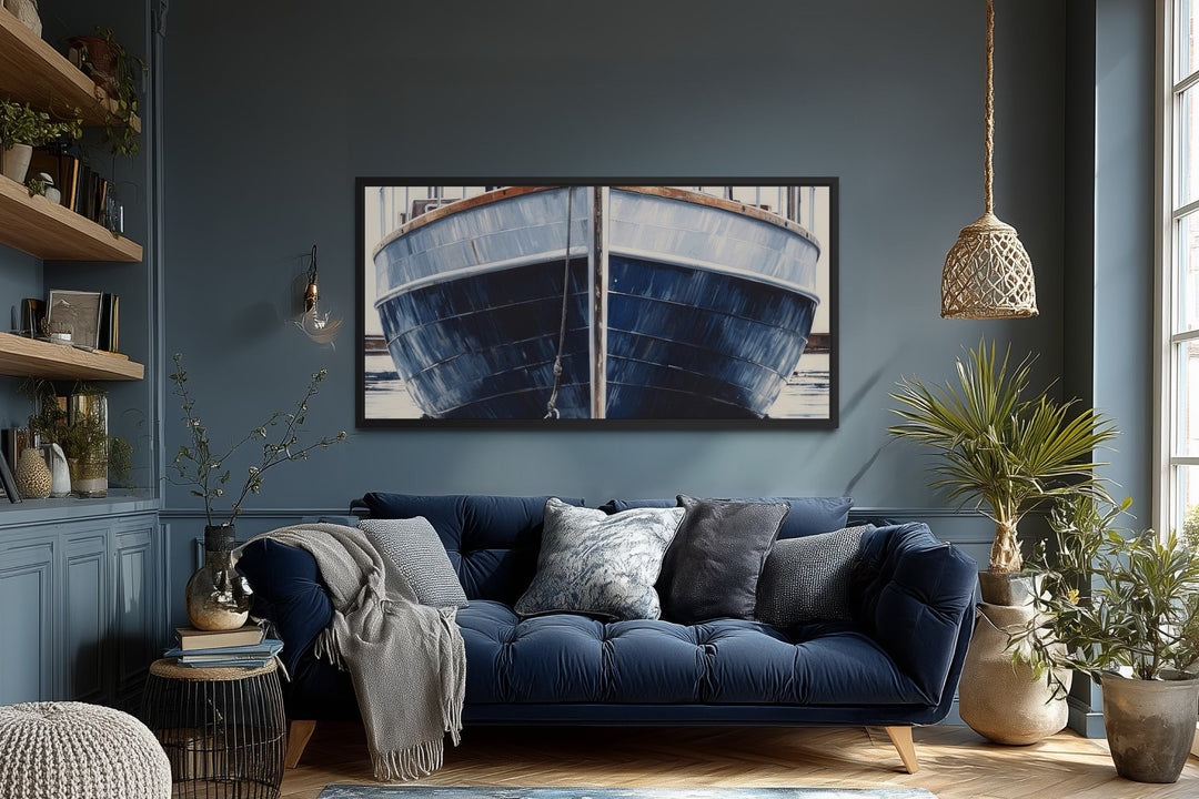 Navy Blue Rustic Boat Painting Nautical Framed Canvas Wall Art For Beach House