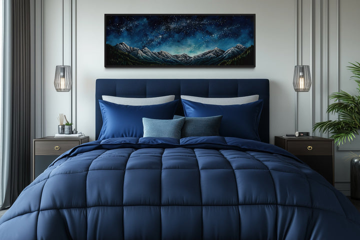 Navy Blue Starry Night Sky Over Mountains Horizontal Framed Canvas Wall Art
