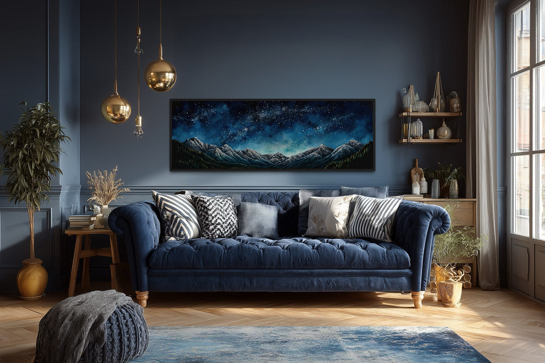 Navy Blue Starry Night Sky Over Mountains Horizontal Framed Canvas Wall Art