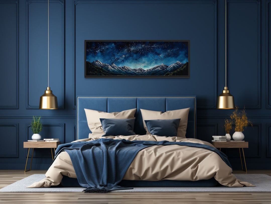 Navy Blue Starry Night Sky Over Mountains Horizontal Framed Canvas Wall Art