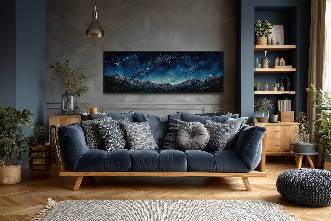Navy Blue Starry Night Sky Over Mountains Horizontal Framed Canvas Wall Art