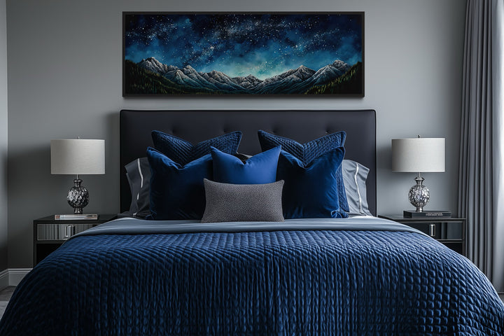 Navy Blue Starry Night Sky Over Mountains Horizontal Framed Canvas Wall Art