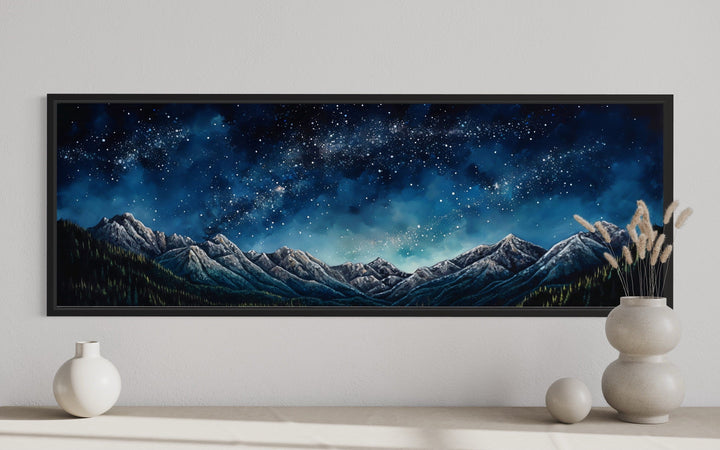 Navy Blue Starry Night Sky Over Mountains Horizontal Framed Canvas Wall Art