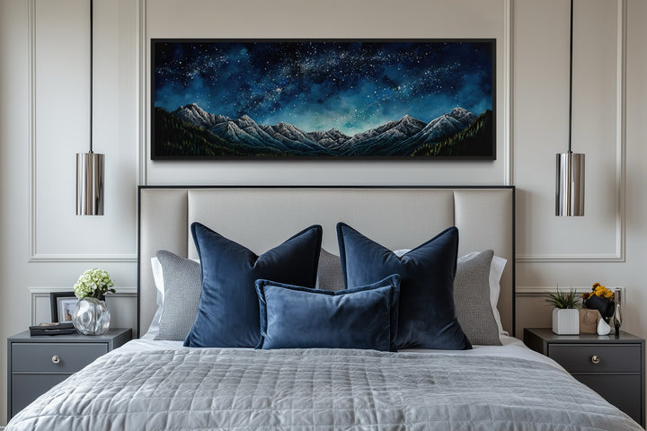 Navy Blue Starry Night Sky Over Mountains Horizontal Framed Canvas Wall Art