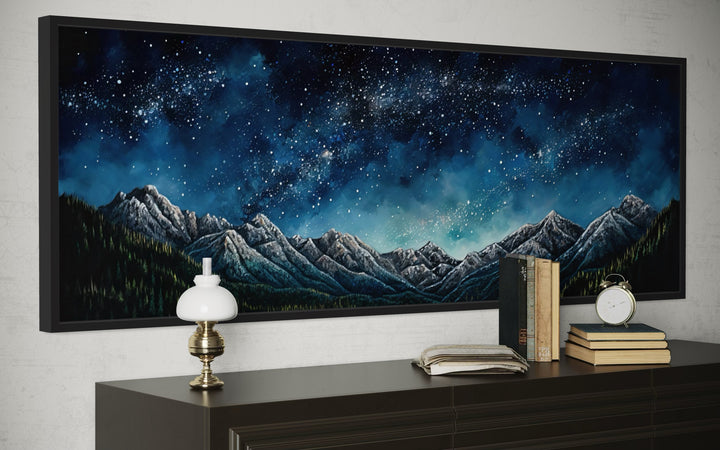 Navy Blue Starry Night Sky Over Mountains Horizontal Framed Canvas Wall Art