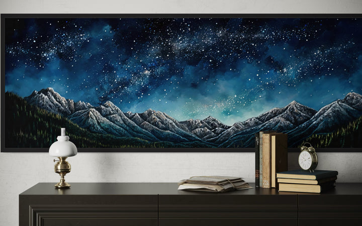 Navy Blue Starry Night Sky Over Mountains Horizontal Framed Canvas Wall Art