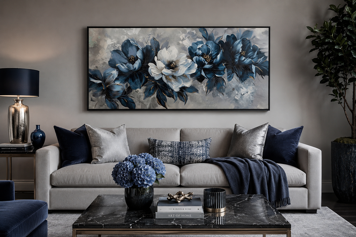 Navy blue and white abstract floral canvas wall art in a black frame above a modern sofa.
