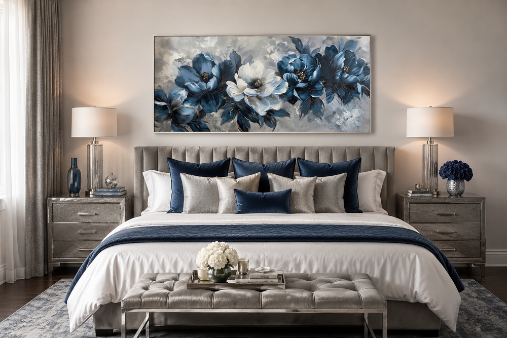 Large framed horizontal canvas featuring abstract navy blue and white flowers above a bed.
