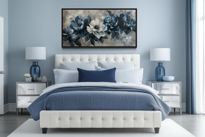 Navy Blue Wall Art – Abstract Floral Canvas | Framed Modern Living Room Decor