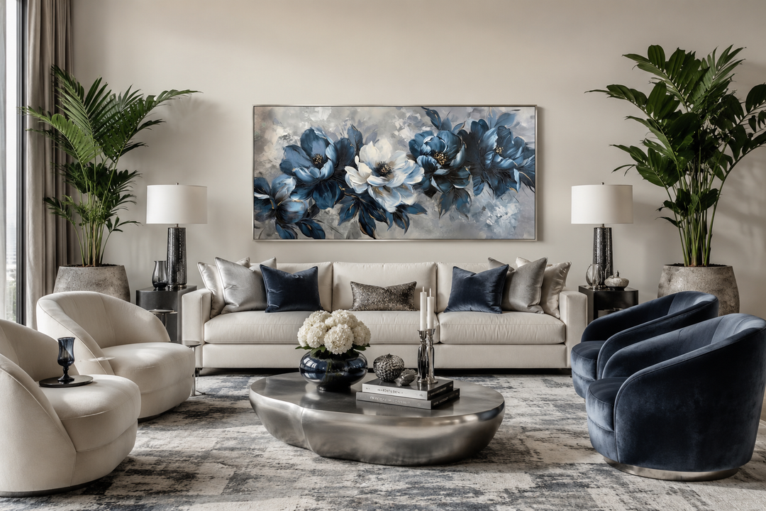 Large framed navy blue and white abstract floral canvas art above a sofa in a modern living room.