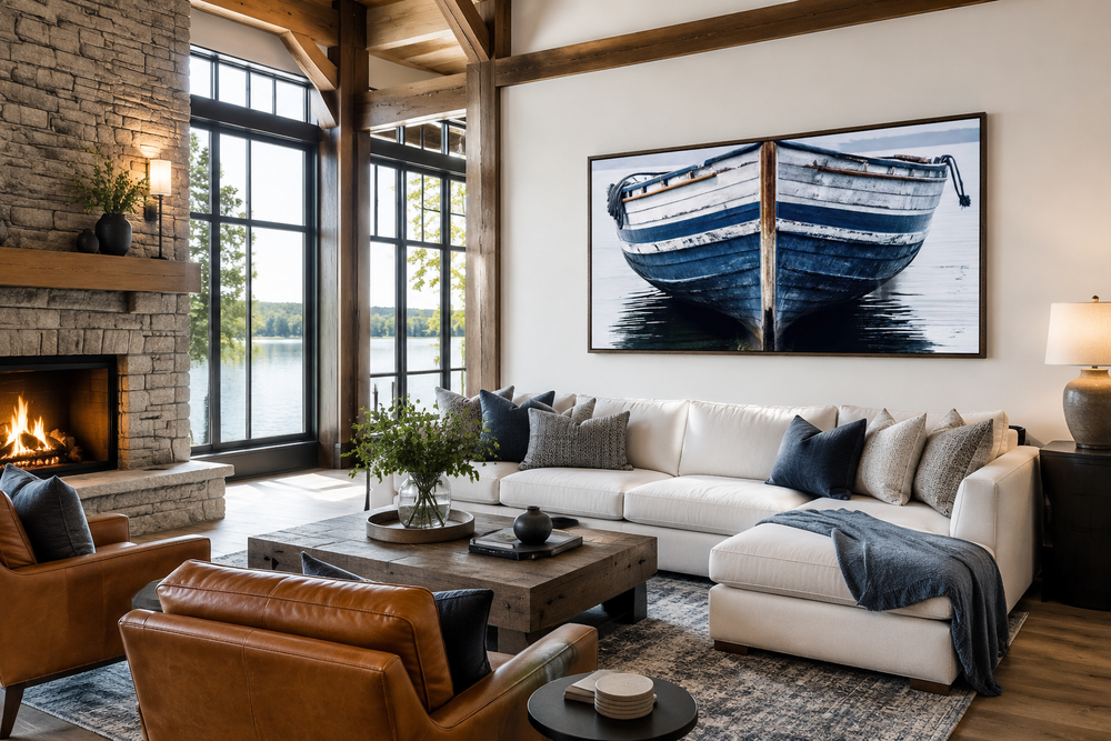 Large framed canvas wall art of a navy blue and white old boat hanging above a white sectional sofa.