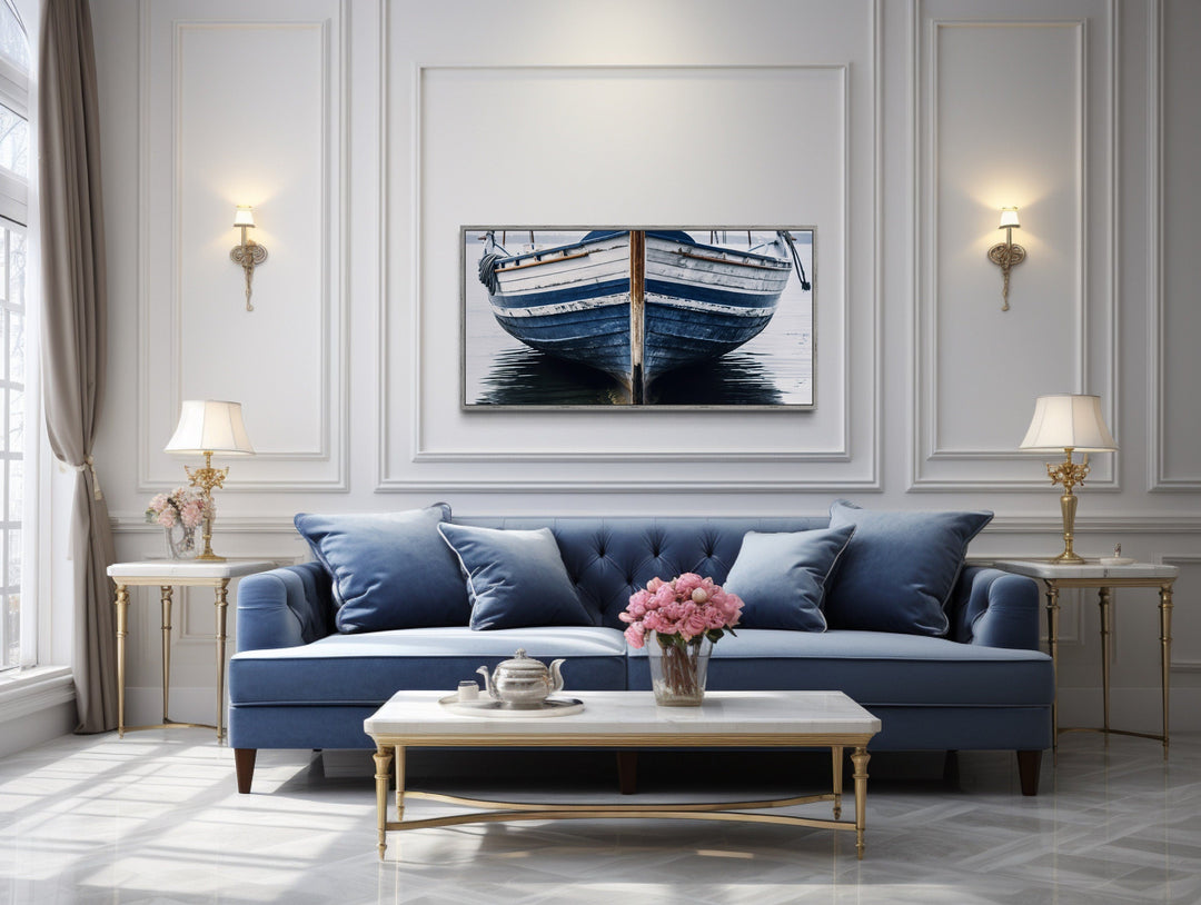 Navy Blue White Old Boat Painting Framed Canvas Wall Art