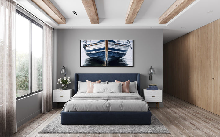 Navy Blue White Old Boat Painting Framed Canvas Wall Art