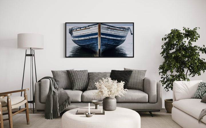 Navy Blue White Old Boat Painting Framed Canvas Wall Art