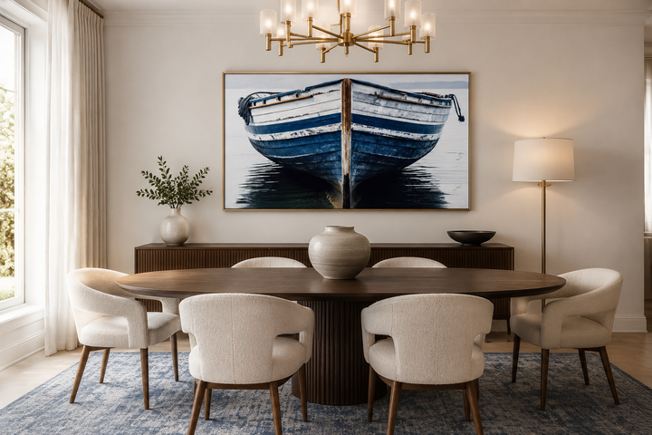 Navy blue and white old boat painting framed canvas wall art hanging above a dining table.