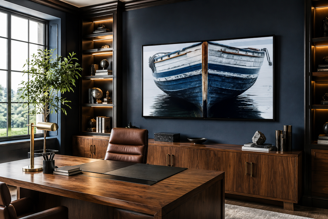 Framed canvas wall art of a navy blue and white old boat hanging in a modern home office.