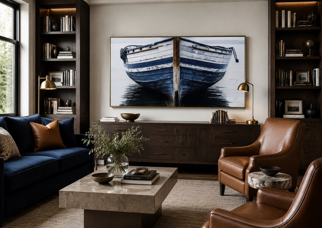 Navy blue and white old boat painting on framed canvas wall art above a dark wood sideboard.