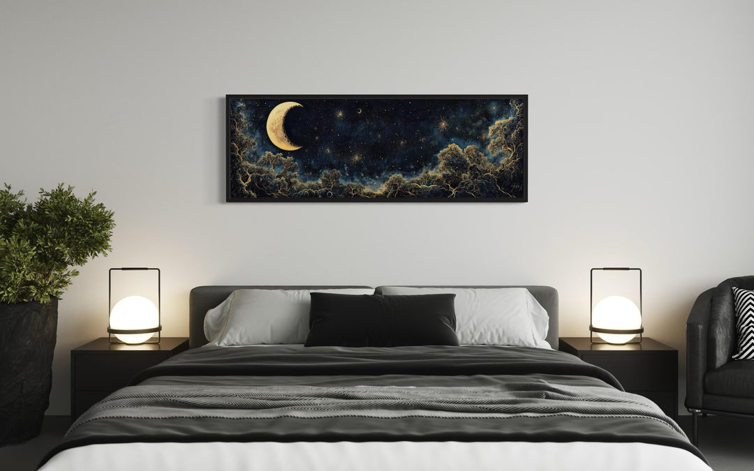 Navy Blue and Gold Moon Crescent Long Horizontal Wall Art