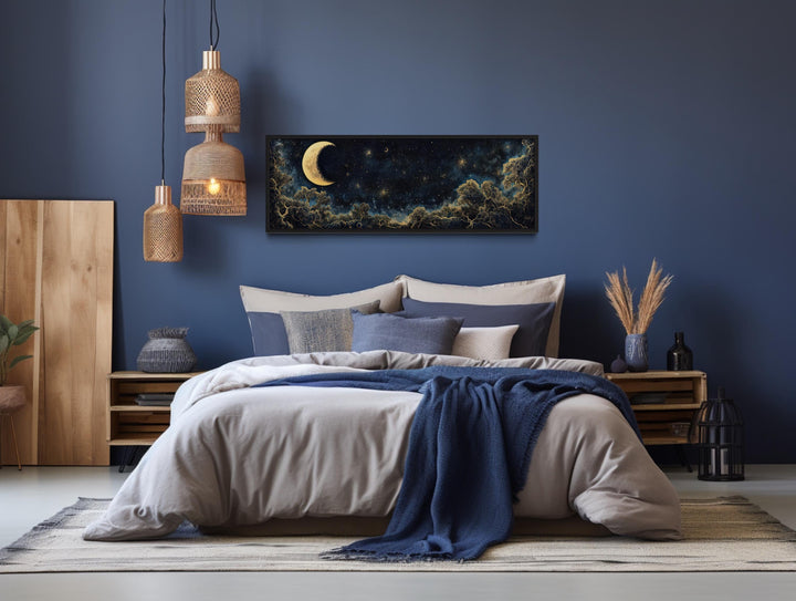 Navy Blue and Gold Moon Crescent Long Horizontal Wall Art