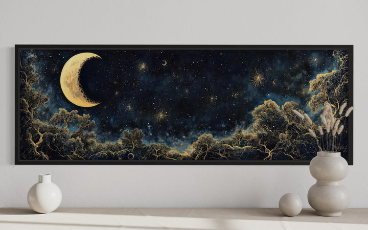 Navy Blue and Gold Moon Crescent Long Horizontal Wall Art