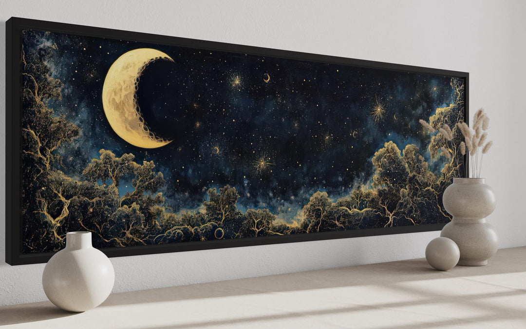 Navy Blue and Gold Moon Crescent Long Horizontal Wall Art