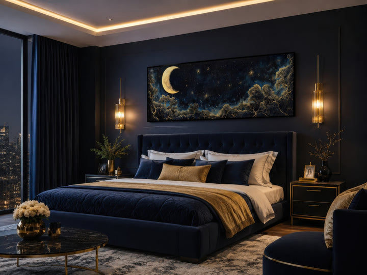 Navy blue and gold moon crescent long horizontal wall art above a bed in a dark bedroom.