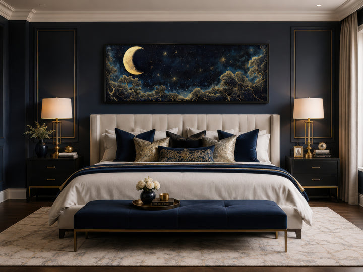 Navy blue and gold moon crescent long horizontal wall art above a bed in a dark-themed bedroom.
