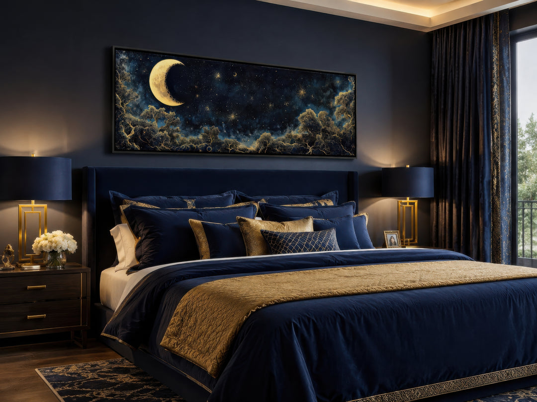 Navy blue and gold moon crescent long horizontal wall art hanging above a bed in a dark bedroom.