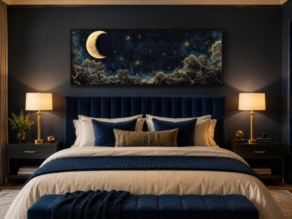 Navy blue and gold horizontal wall art of a crescent moon and starry sky above a bed.